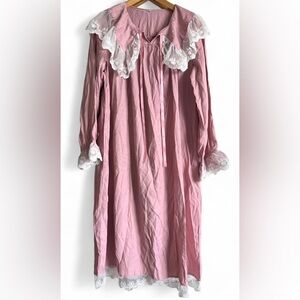 Pink White Lace Collar Coquette Girl Cottagecore Long Sleeve Nightgown Sleepwear
